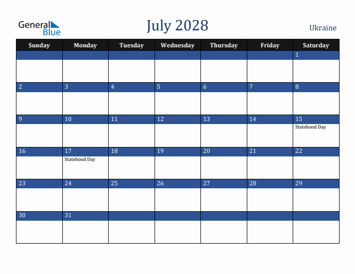 July 2028 Ukraine Calendar (Sunday Start)