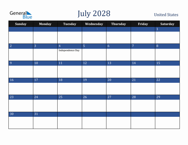 July 2028 United States Calendar (Sunday Start)