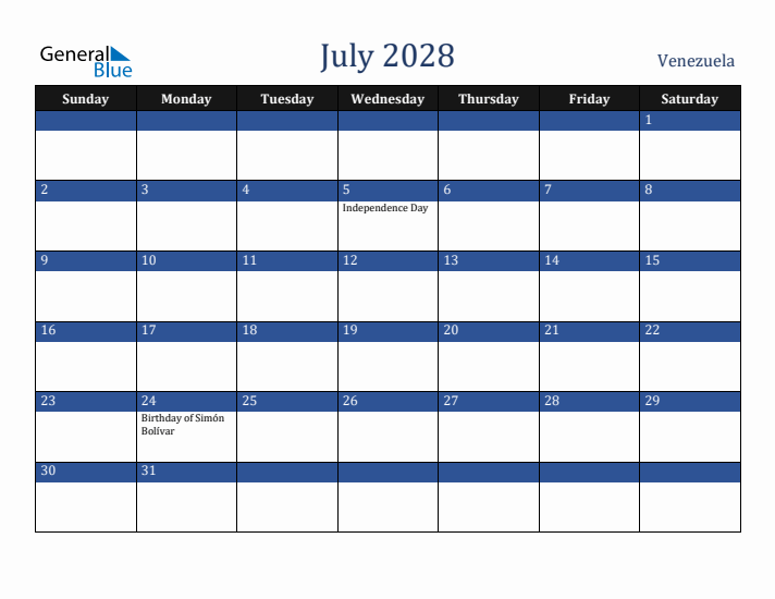 July 2028 Venezuela Calendar (Sunday Start)