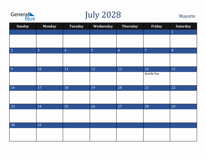July 2028 Mayotte Calendar (Sunday Start)