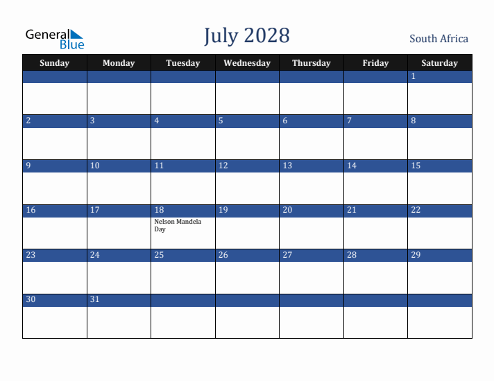 July 2028 South Africa Calendar (Sunday Start)