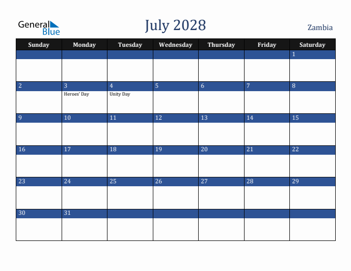 July 2028 Zambia Calendar (Sunday Start)