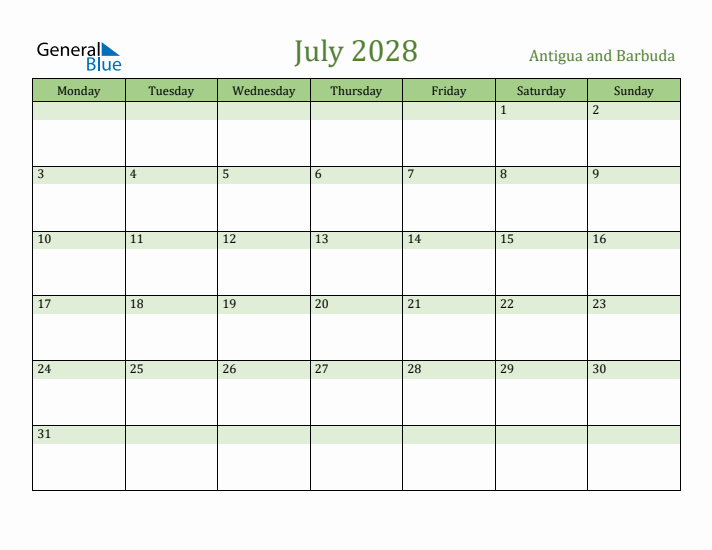 July 2028 Calendar with Antigua and Barbuda Holidays