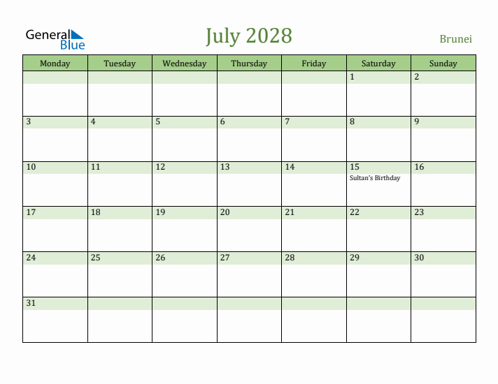 July 2028 Calendar with Brunei Holidays