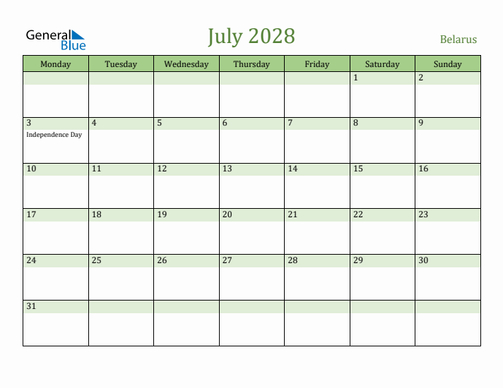 July 2028 Calendar with Belarus Holidays