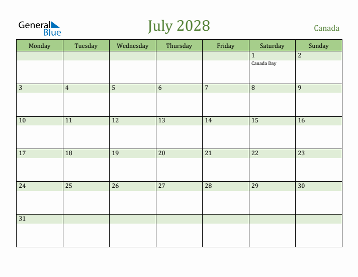 July 2028 Calendar with Canada Holidays