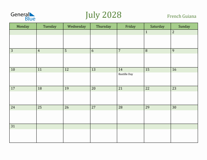 July 2028 Calendar with French Guiana Holidays