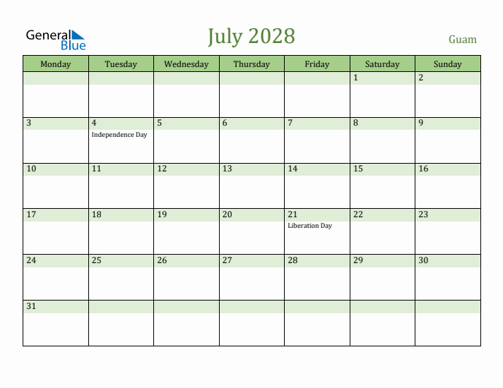 July 2028 Calendar with Guam Holidays