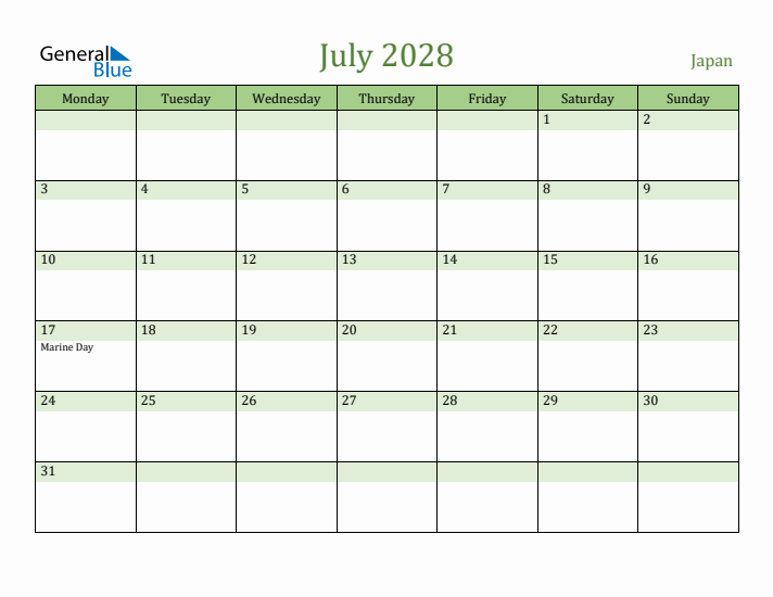 July 2028 Calendar with Japan Holidays