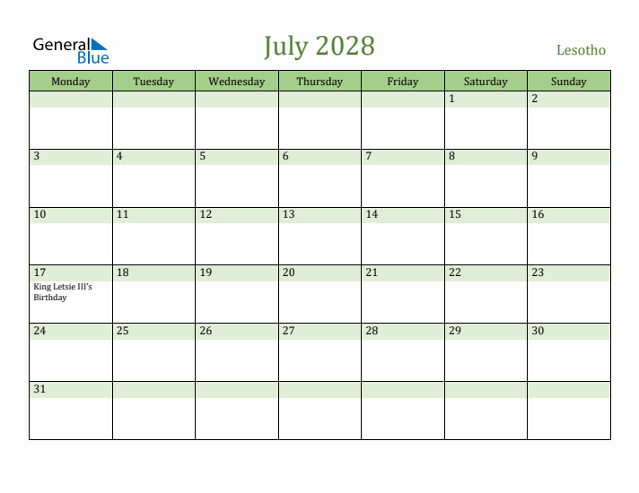 July 2028 Calendar with Lesotho Holidays
