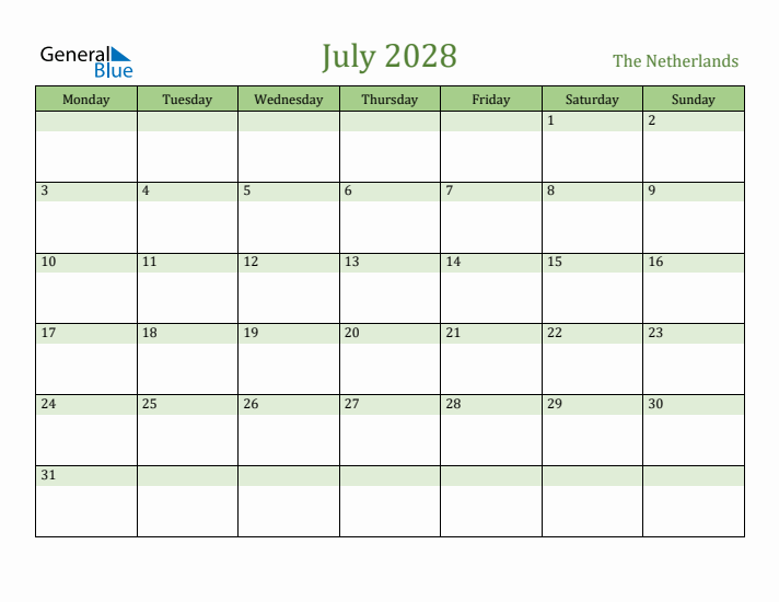 July 2028 Calendar with The Netherlands Holidays