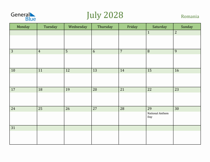 July 2028 Calendar with Romania Holidays