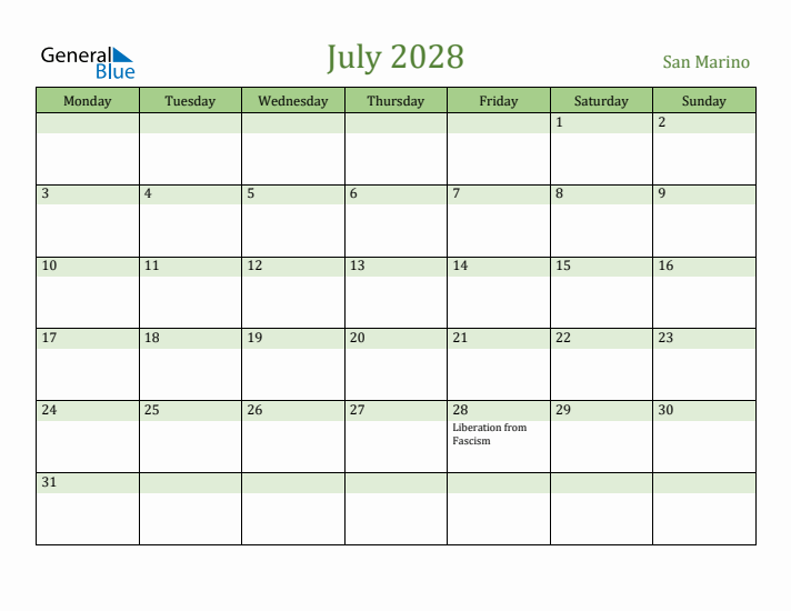 July 2028 Calendar with San Marino Holidays