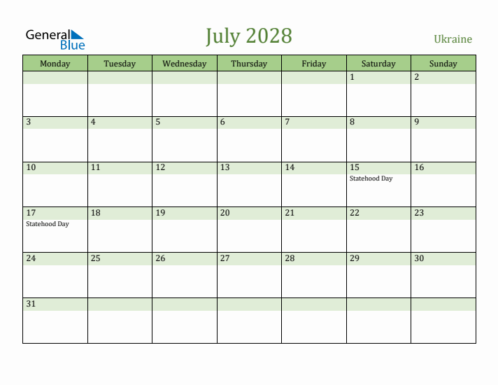 July 2028 Calendar with Ukraine Holidays