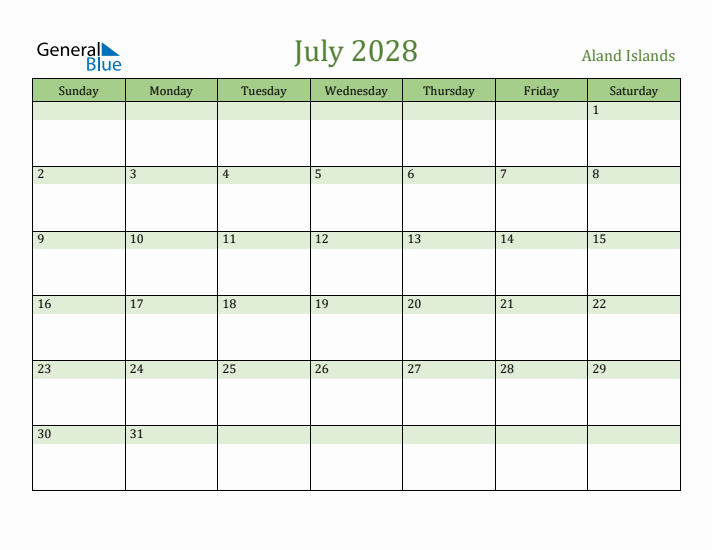 July 2028 Calendar with Aland Islands Holidays
