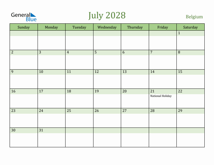 July 2028 Calendar with Belgium Holidays