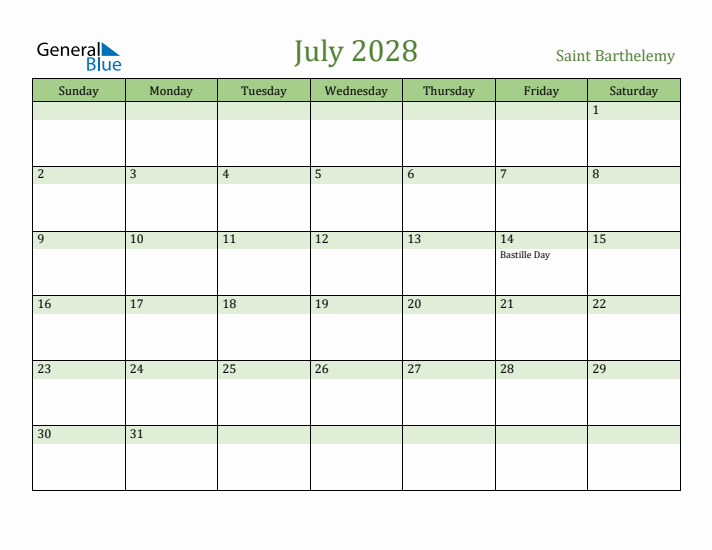 July 2028 Calendar with Saint Barthelemy Holidays