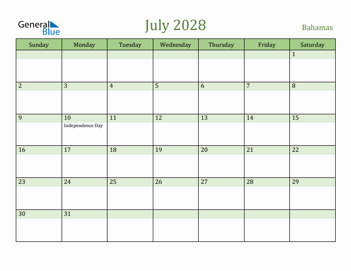 July 2028 Calendar with Bahamas Holidays