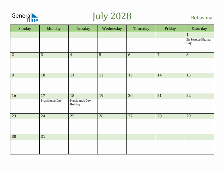 July 2028 Calendar with Botswana Holidays
