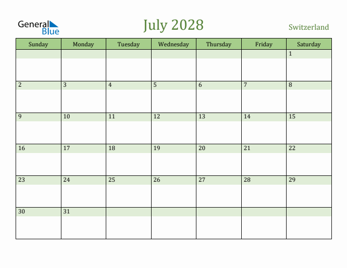 July 2028 Calendar with Switzerland Holidays