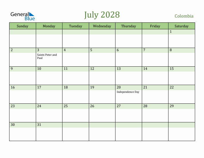 July 2028 Calendar with Colombia Holidays