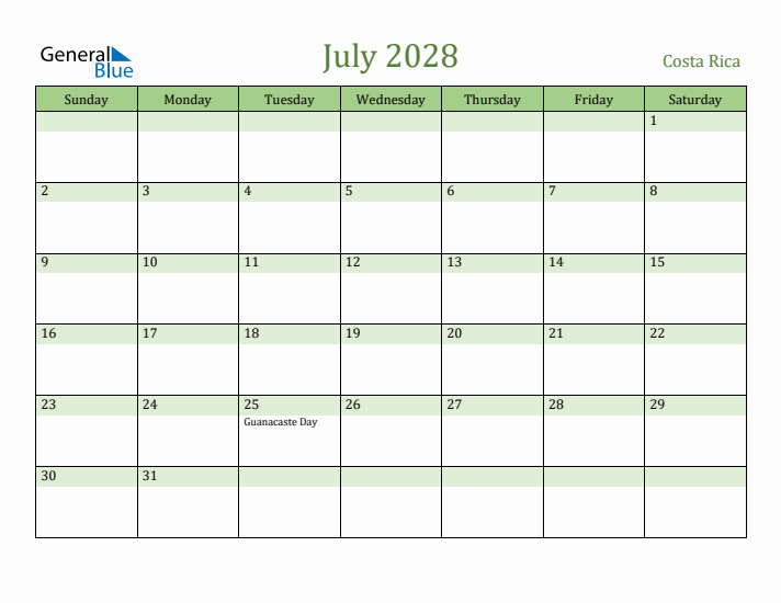 July 2028 Calendar with Costa Rica Holidays