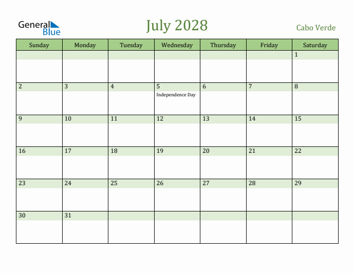 July 2028 Calendar with Cabo Verde Holidays