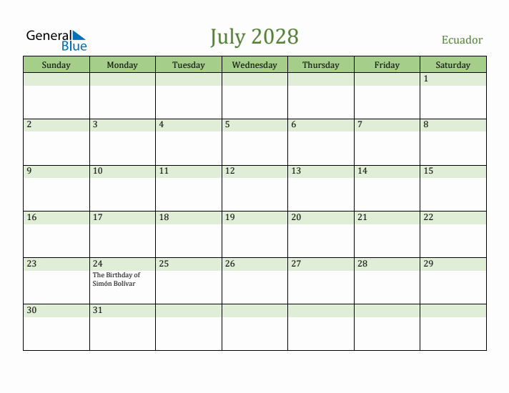 July 2028 Calendar with Ecuador Holidays