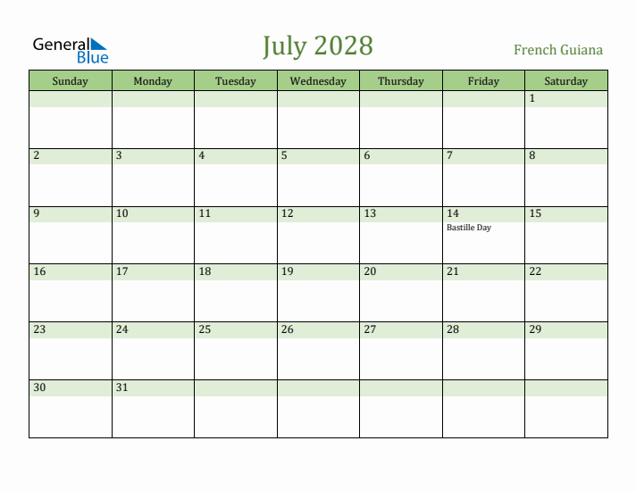 July 2028 Calendar with French Guiana Holidays