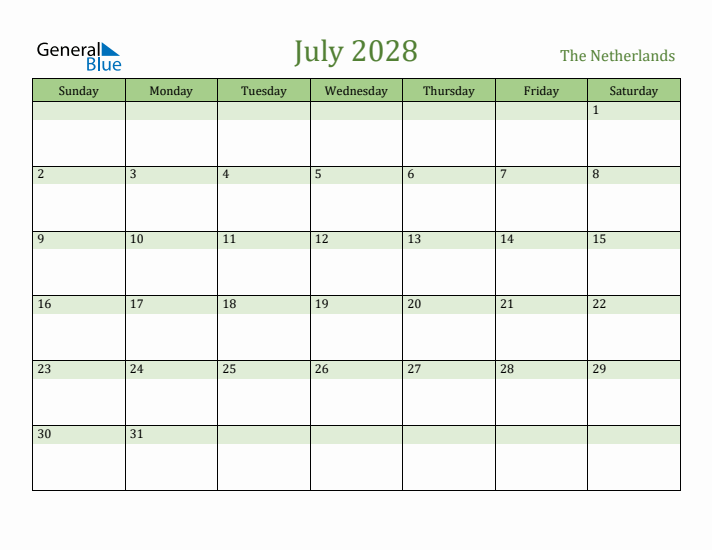 July 2028 Calendar with The Netherlands Holidays