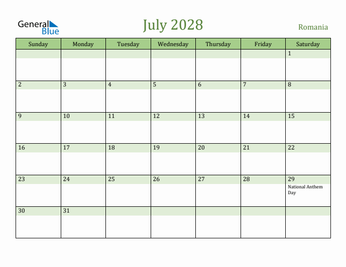 July 2028 Calendar with Romania Holidays