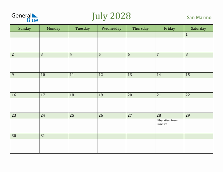 July 2028 Calendar with San Marino Holidays