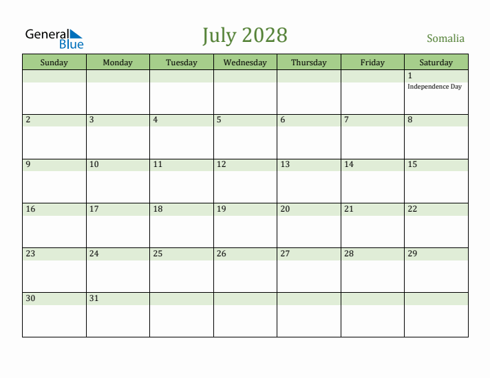 July 2028 Calendar with Somalia Holidays