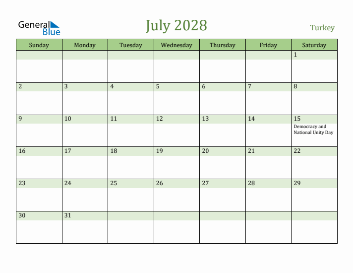 July 2028 Calendar with Turkey Holidays