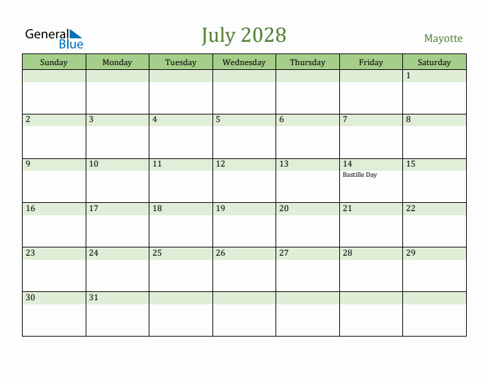 July 2028 Calendar with Mayotte Holidays