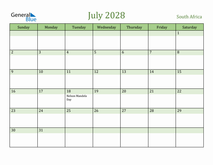 July 2028 Calendar with South Africa Holidays