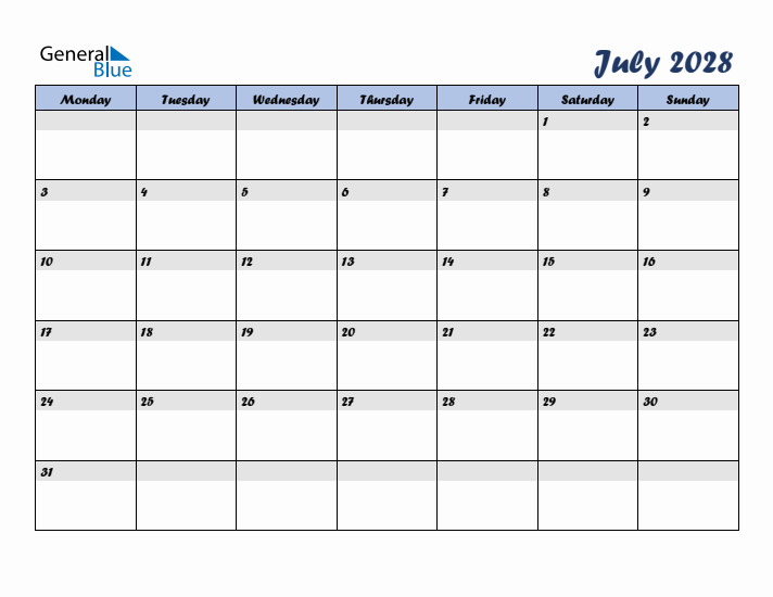 July 2028 Blue Calendar (Monday Start)