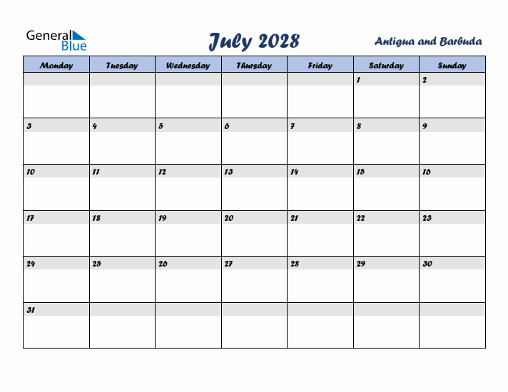 July 2028 Calendar with Holidays in Antigua and Barbuda