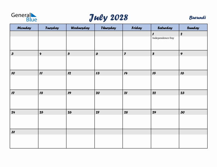 July 2028 Calendar with Holidays in Burundi