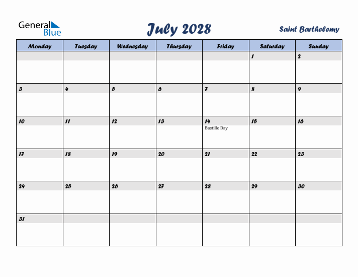 July 2028 Calendar with Holidays in Saint Barthelemy