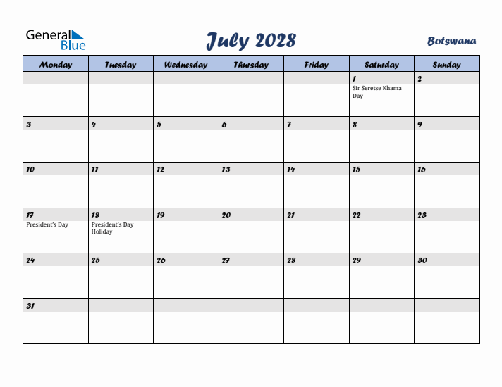 July 2028 Calendar with Holidays in Botswana