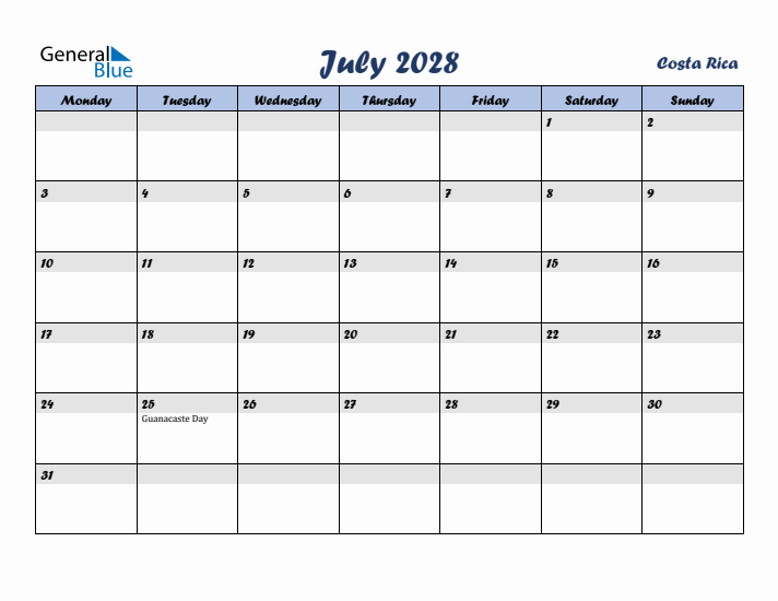 July 2028 Calendar with Holidays in Costa Rica