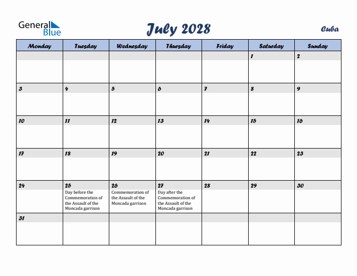 July 2028 Calendar with Holidays in Cuba