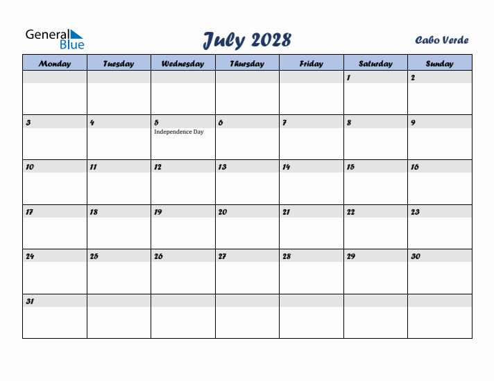 July 2028 Calendar with Holidays in Cabo Verde