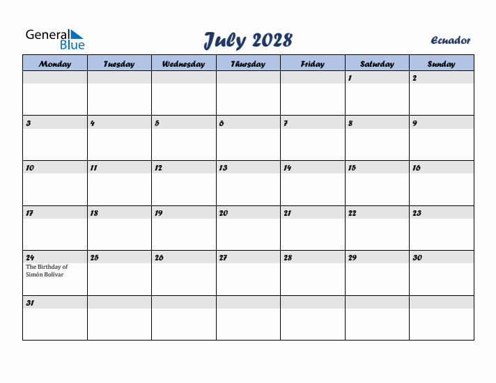 July 2028 Calendar with Holidays in Ecuador