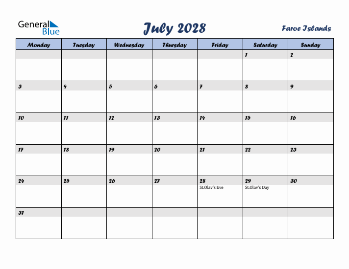 July 2028 Calendar with Holidays in Faroe Islands