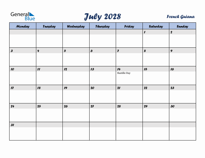 July 2028 Calendar with Holidays in French Guiana