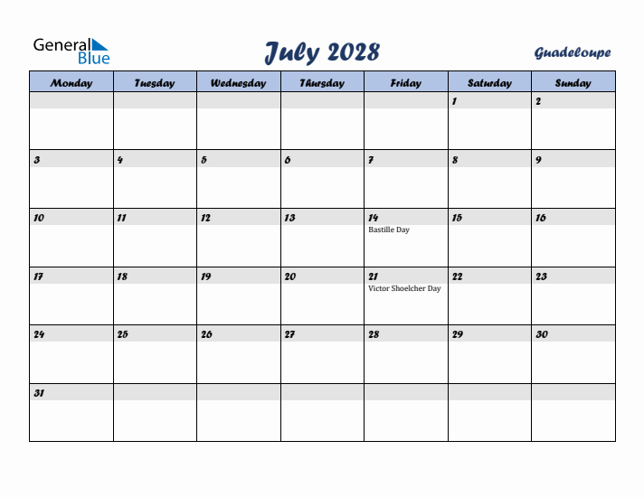 July 2028 Calendar with Holidays in Guadeloupe