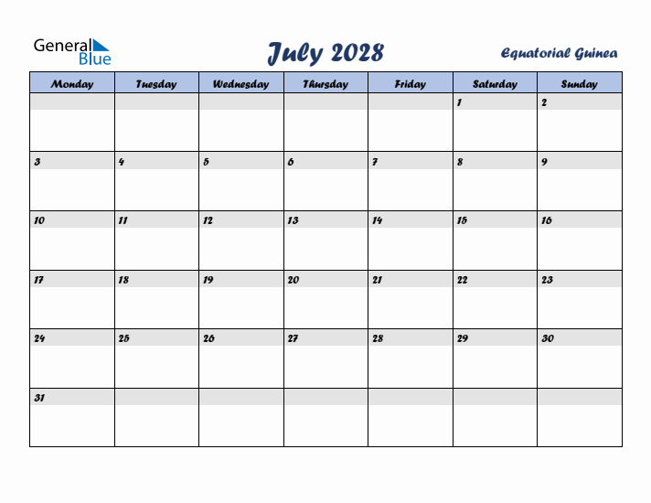 July 2028 Calendar with Holidays in Equatorial Guinea