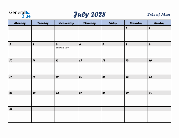 July 2028 Calendar with Holidays in Isle of Man